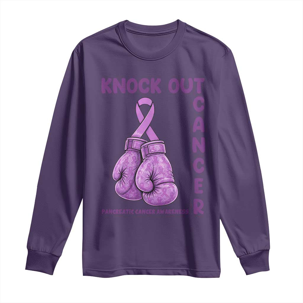 Knock Out Cancer Pancreatic Warrior Long Sleeve Shirt Boxing Gloves Purple Ribbon Gift