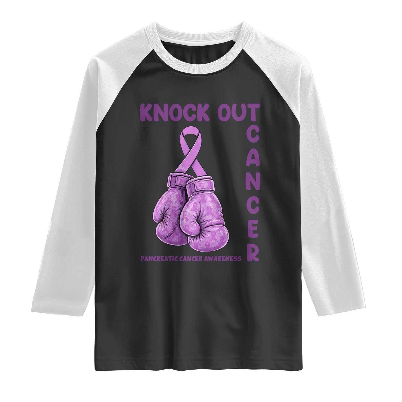 Knock Out Cancer Pancreatic Warrior Raglan Shirt Boxing Gloves Purple Ribbon Gift
