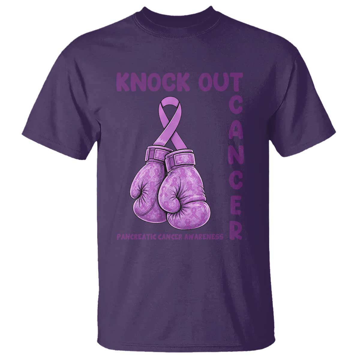 Knock Out Cancer Pancreatic Warrior T Shirt Boxing Gloves Purple Ribbon Gift