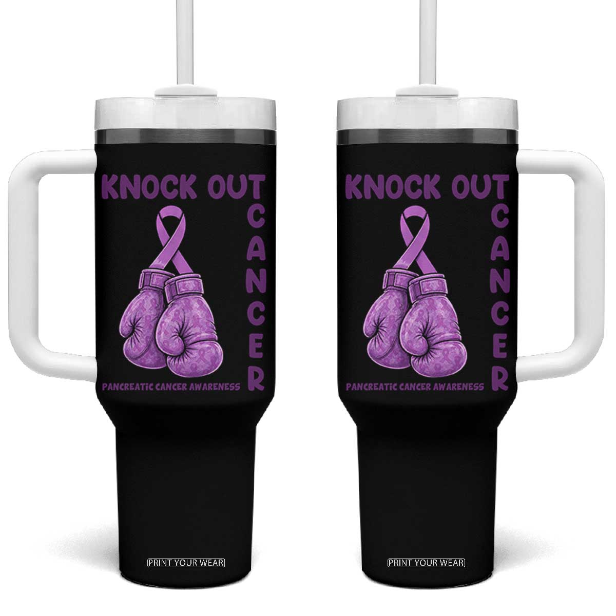 Knock Out Cancer Pancreatic Warrior Tumbler With Handle Boxing Gloves Purple Ribbon Gift