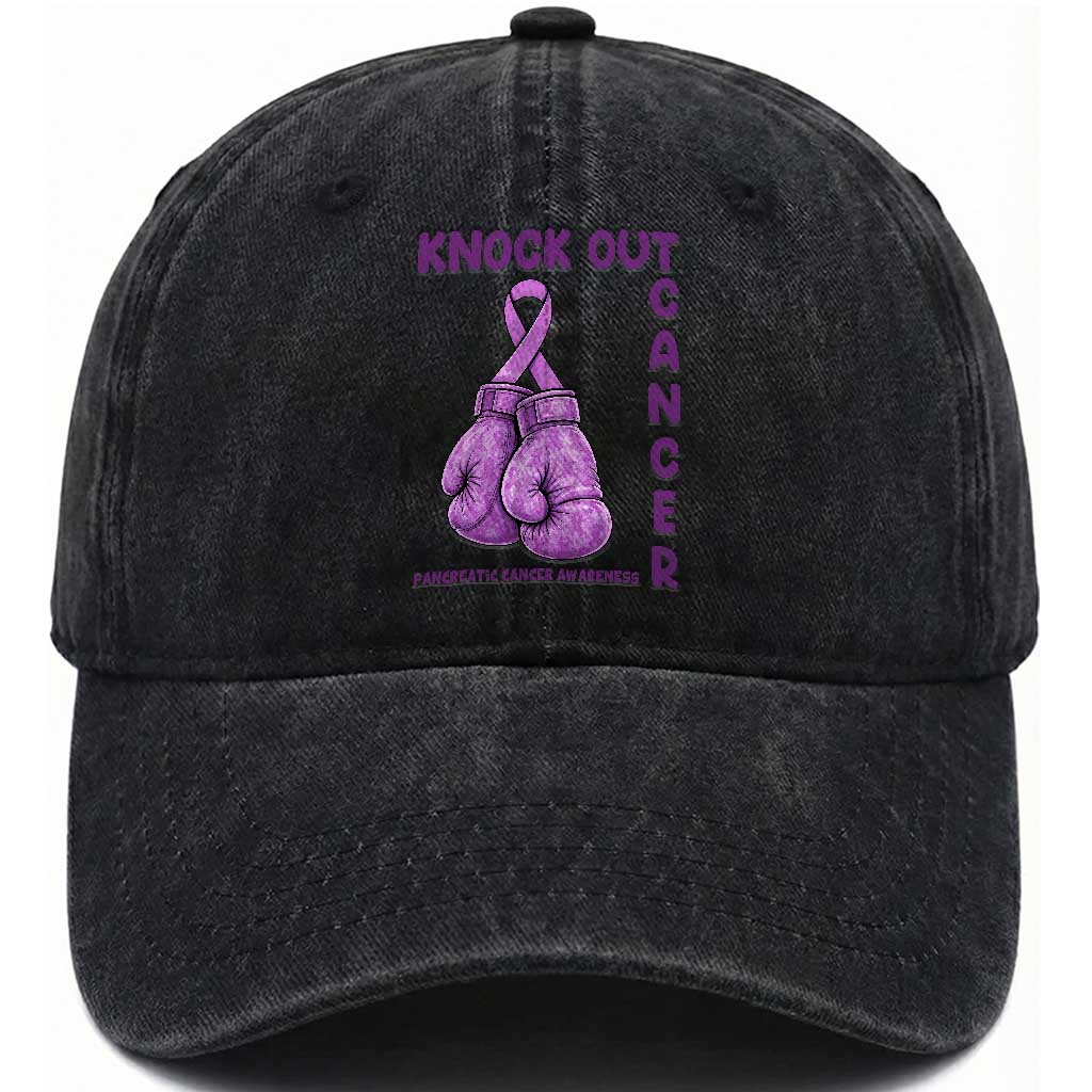 Knock Out Cancer Pancreatic Warrior Washed Cotton Baseball Cap Boxing Gloves Purple Ribbon Gift