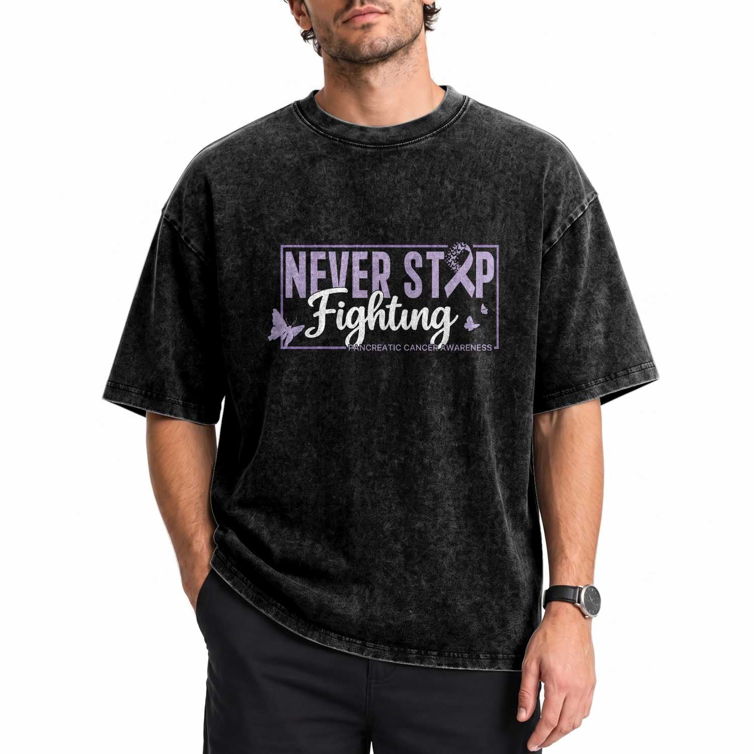 Pancreatic Cancer Warrior Washed Cotton T-Shirt Never Stop Fighting Support Gift