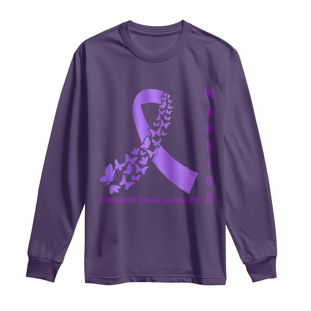 Pancreatic Cancer Warrior Fighter Long Sleeve Shirt Purple Ribbon Butterfly Strength Support