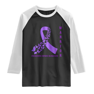 Pancreatic Cancer Warrior Fighter Raglan Shirt Purple Ribbon Butterfly Strength Support