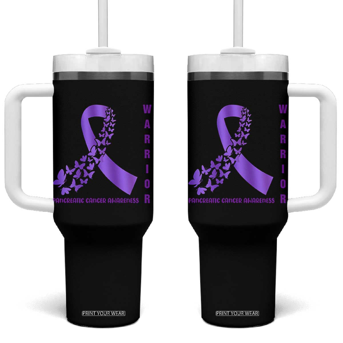 Pancreatic Cancer Warrior Fighter Tumbler With Handle Purple Ribbon Butterfly Strength Support
