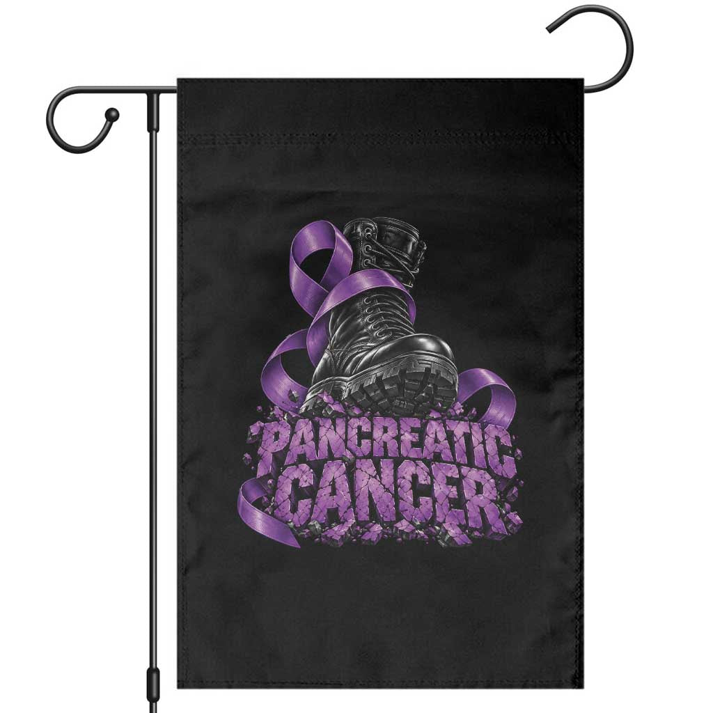 Stomp Out Pancreatic Cancer Garden Flag Combat Boot Purple Ribbon Warrior Support