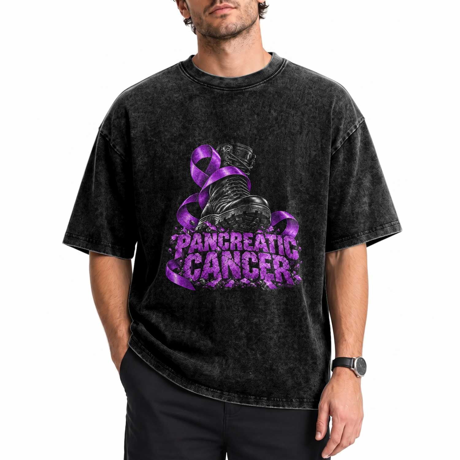 Stomp Out Pancreatic Cancer Washed Cotton T-Shirt Combat Boot Purple Ribbon Warrior Support