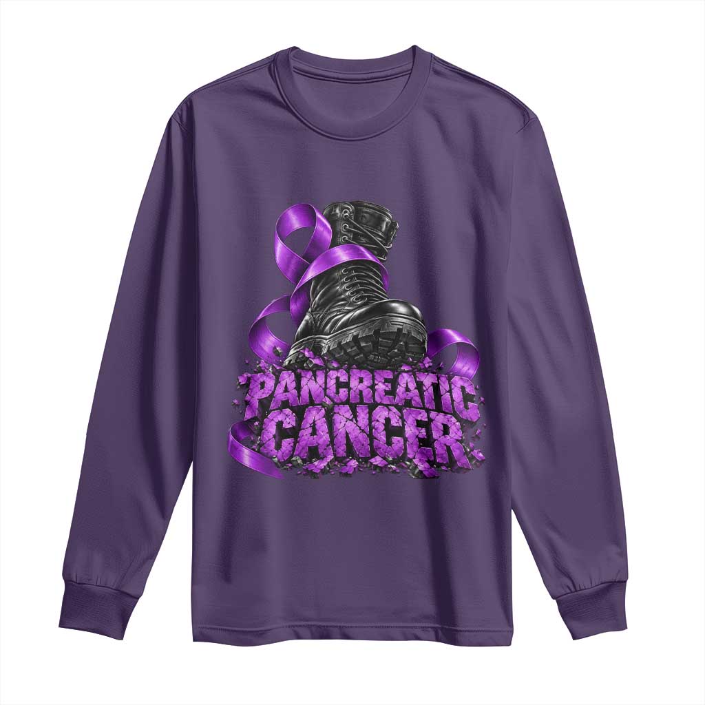 Stomp Out Pancreatic Cancer Long Sleeve Shirt Combat Boot Purple Ribbon Warrior Support