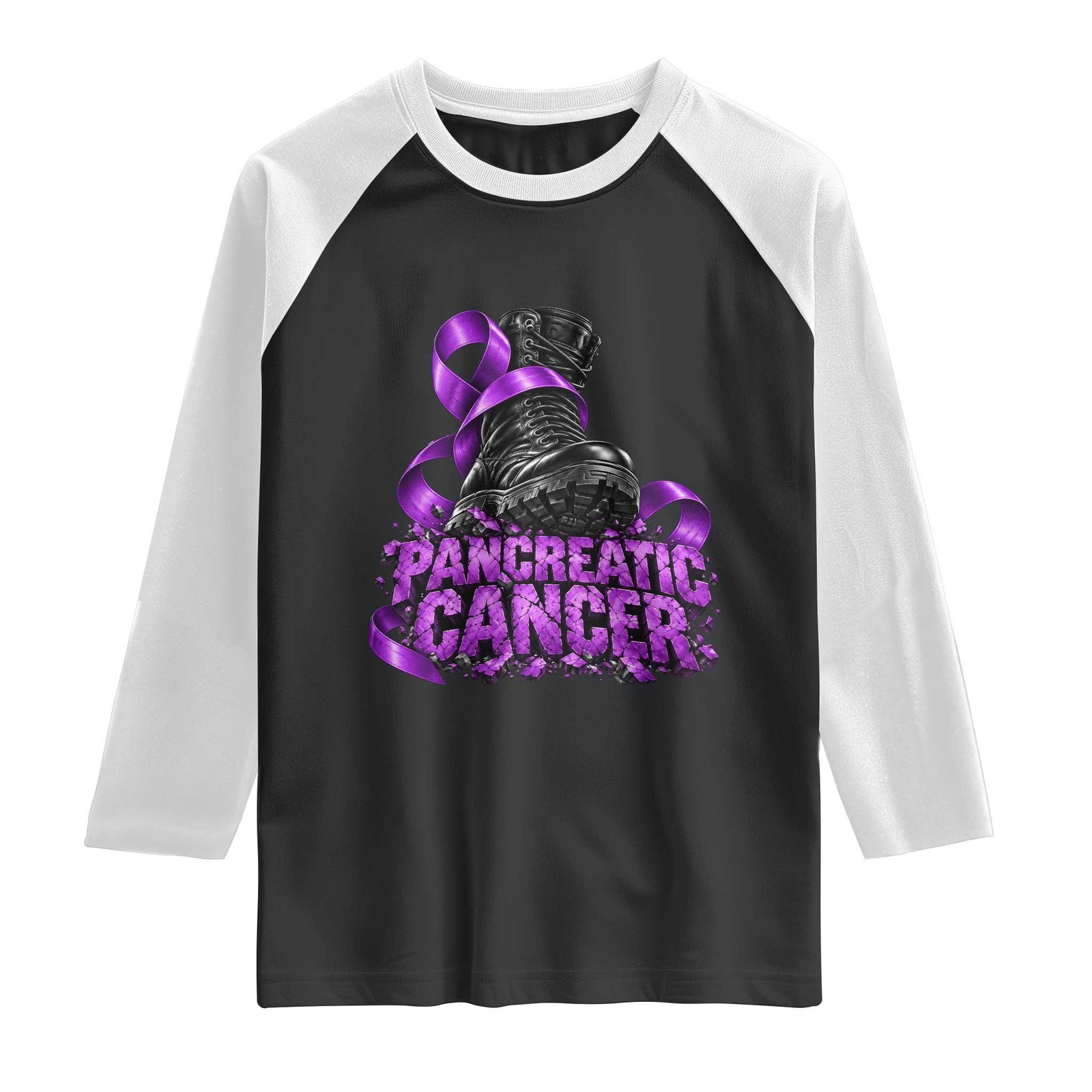 Stomp Out Pancreatic Cancer Raglan Shirt Combat Boot Purple Ribbon Warrior Support