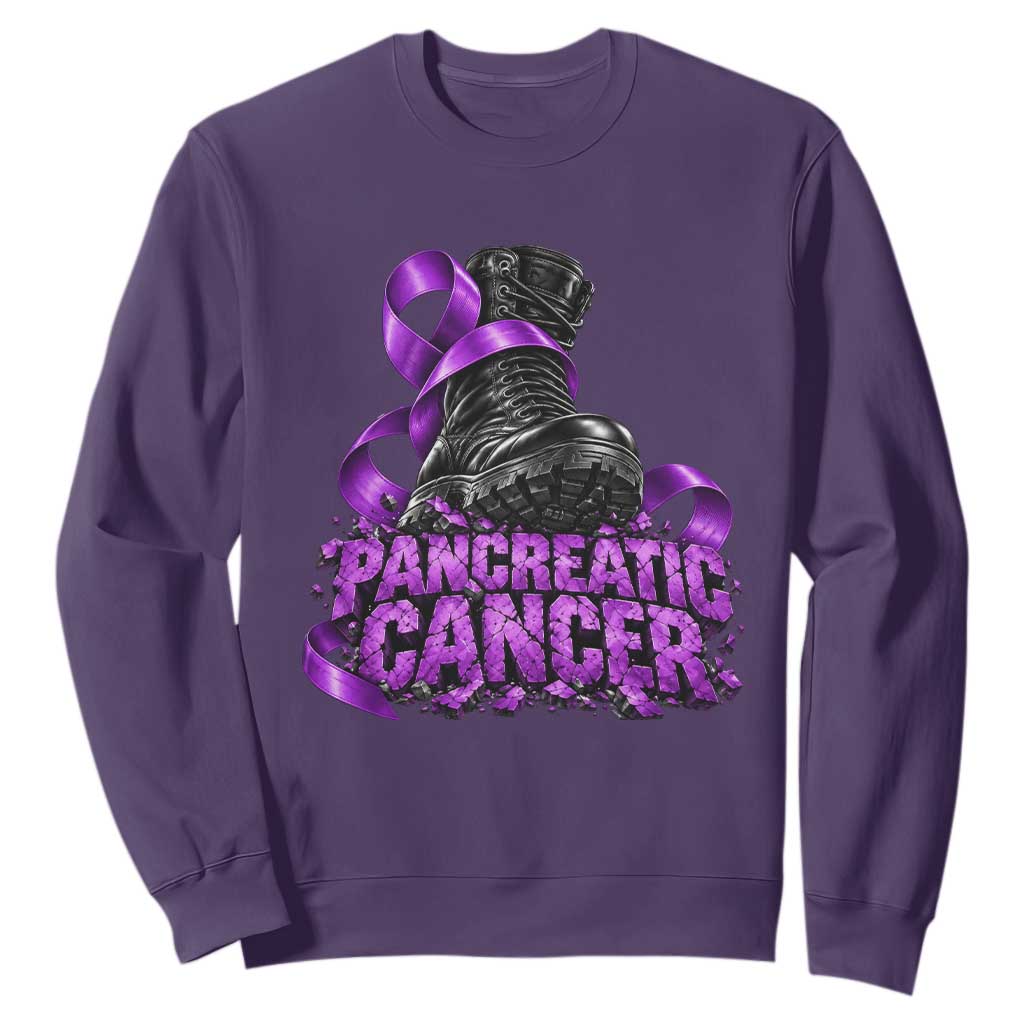 Stomp Out Pancreatic Cancer Sweatshirt Combat Boot Purple Ribbon Warrior Support