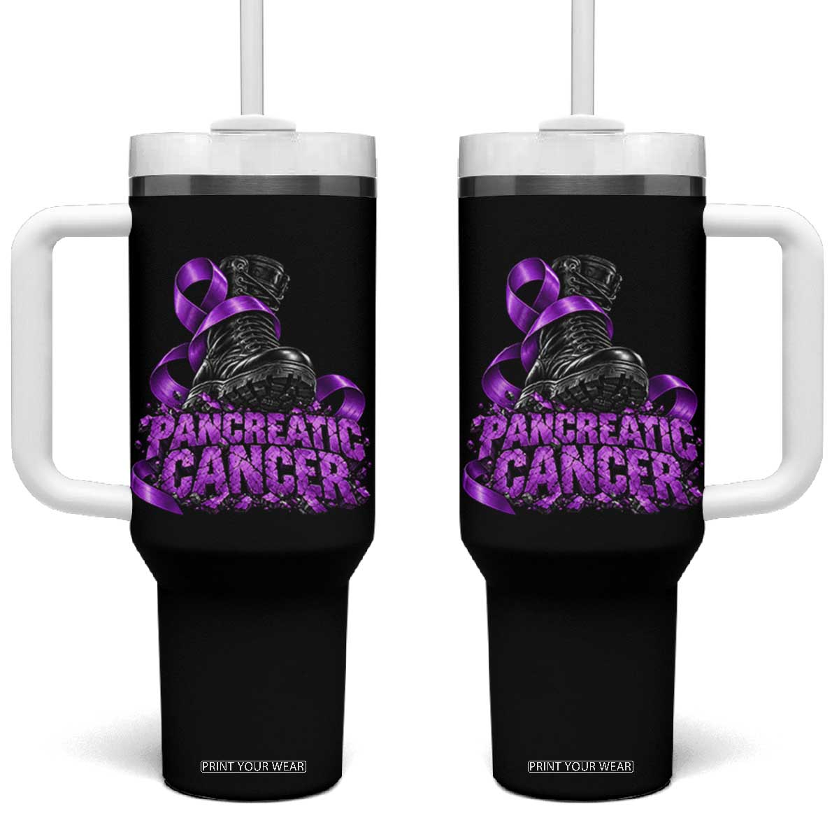 Stomp Out Pancreatic Cancer Tumbler With Handle Combat Boot Purple Ribbon Warrior Support