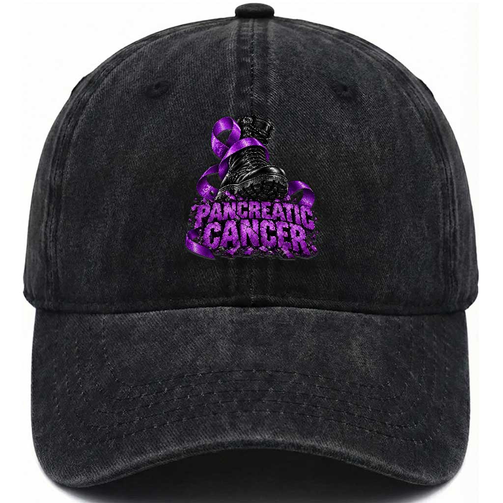 Stomp Out Pancreatic Cancer Washed Cotton Baseball Cap Combat Boot Purple Ribbon Warrior Support