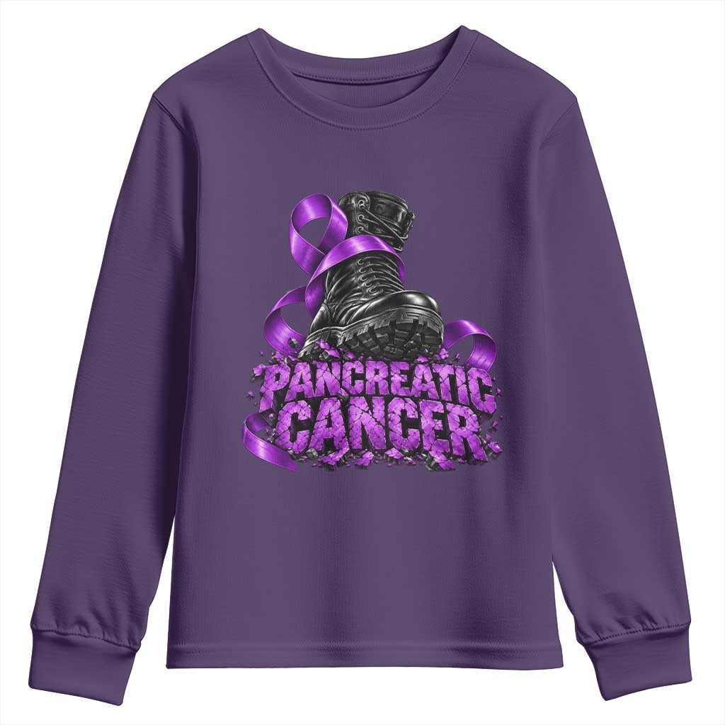 Stomp Out Pancreatic Cancer Youth Sweatshirt Combat Boot Purple Ribbon Warrior Support