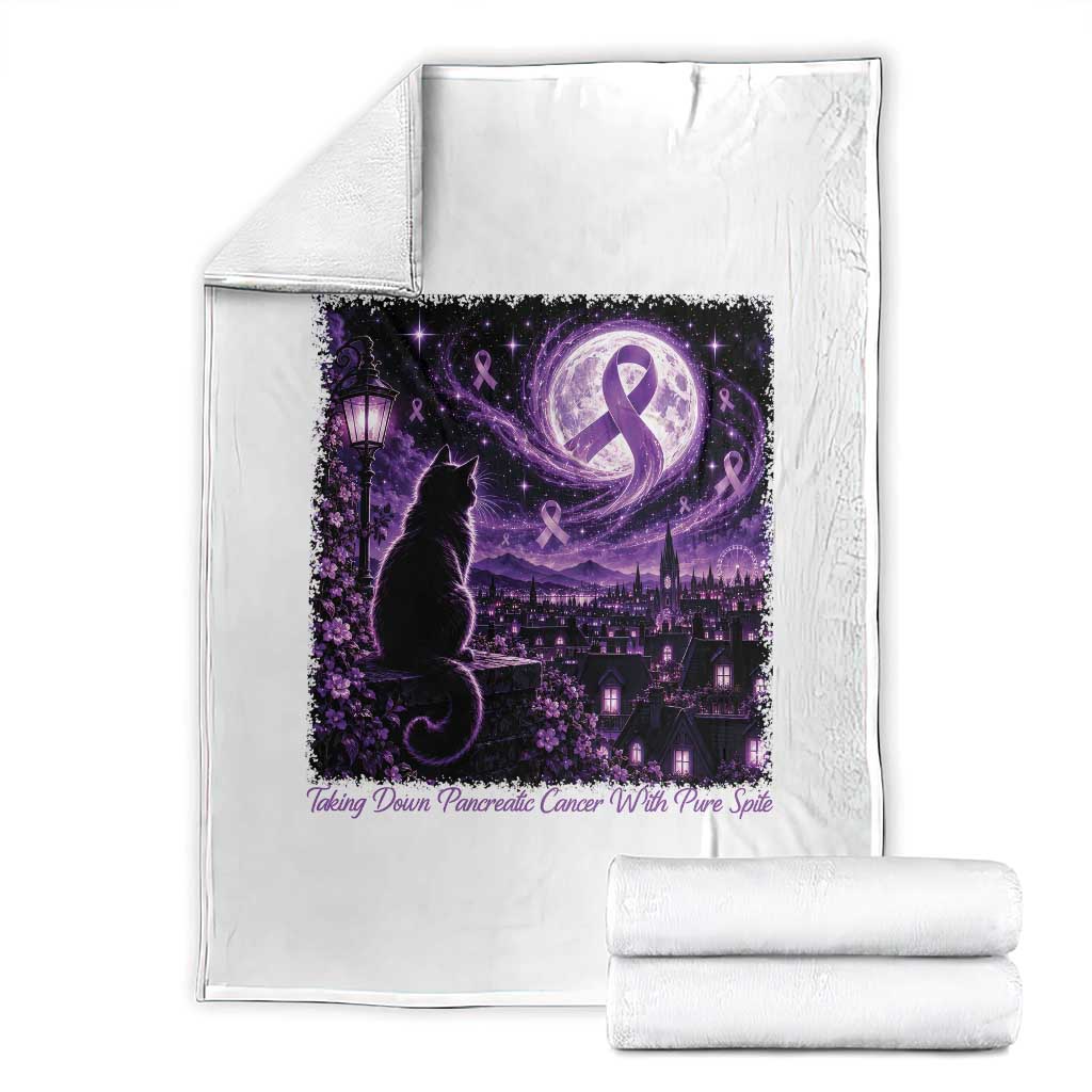 Taking Down Pancreatic Cancer With Pure Spite Throw Blanket Black Cat Purple Ribbon Fighter