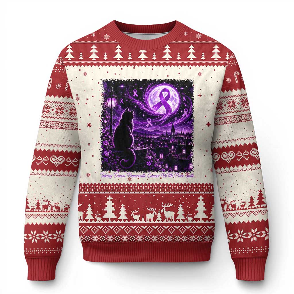 Taking Down Pancreatic Cancer With Pure Spite Ugly Christmas Sweater Black Cat Purple Ribbon Fighter