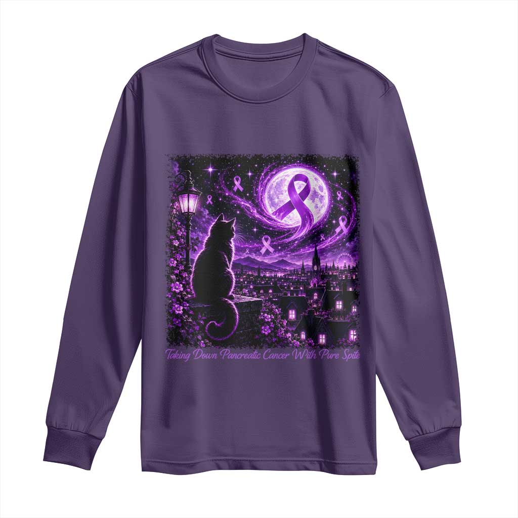Taking Down Pancreatic Cancer With Pure Spite Long Sleeve Shirt Black Cat Purple Ribbon Fighter