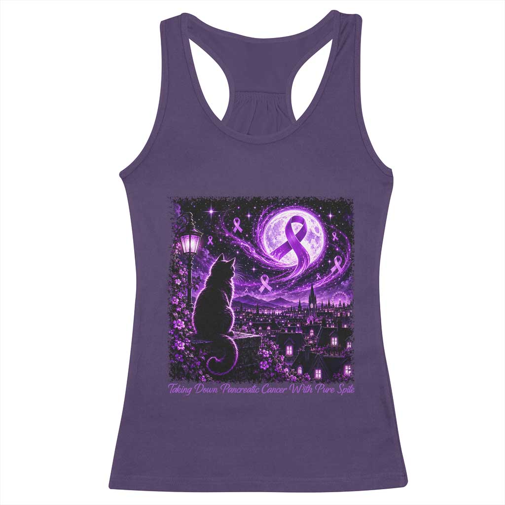 Taking Down Pancreatic Cancer With Pure Spite Racerback Tank Top Black Cat Purple Ribbon Fighter