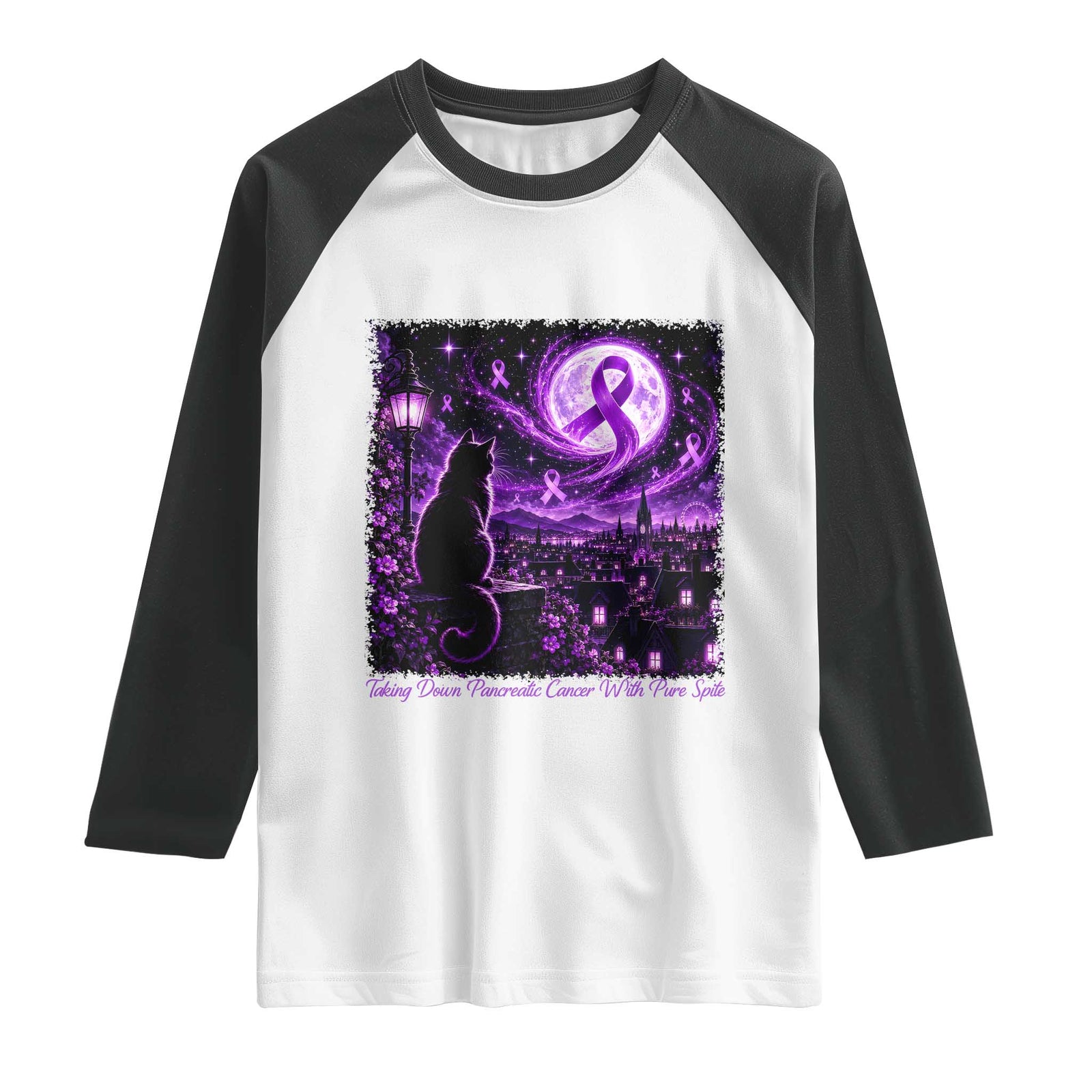 Taking Down Pancreatic Cancer With Pure Spite Raglan Shirt Black Cat Purple Ribbon Fighter