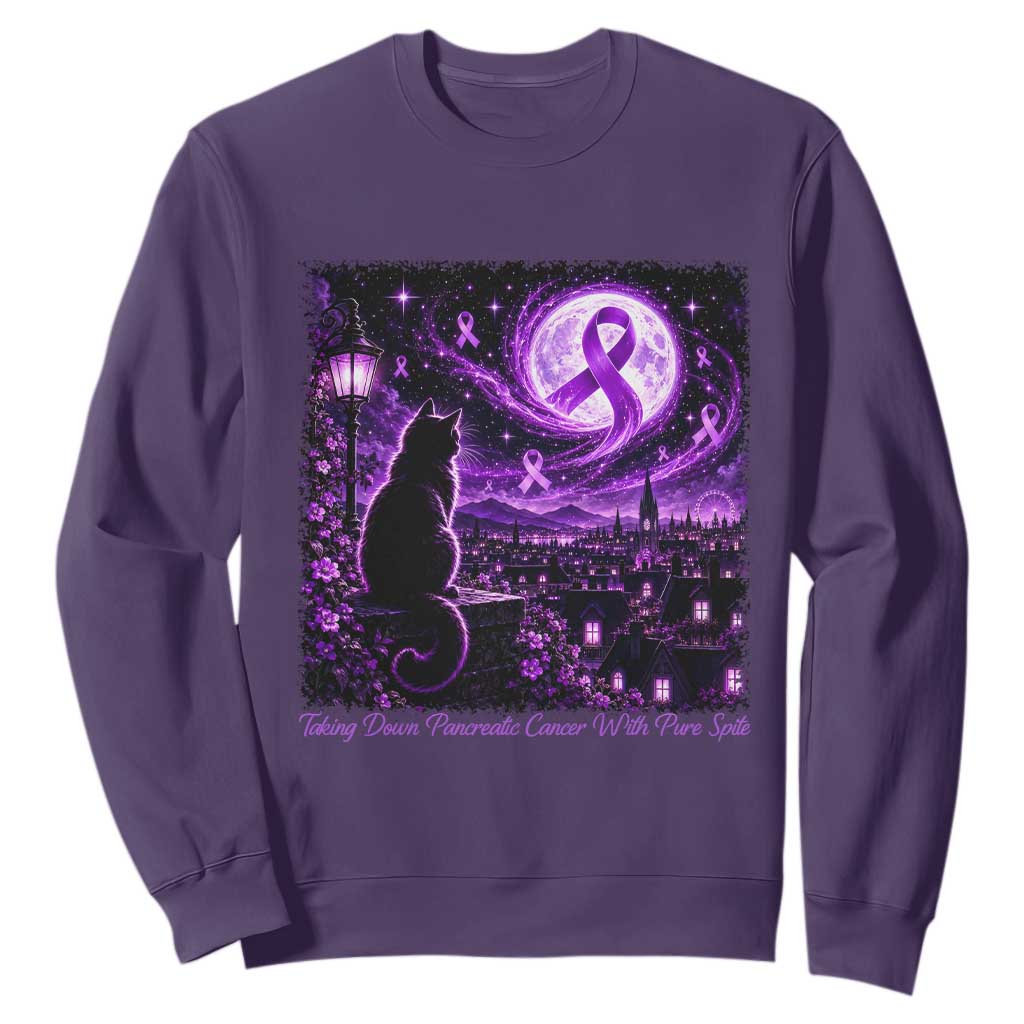 Taking Down Pancreatic Cancer With Pure Spite Sweatshirt Black Cat Purple Ribbon Fighter