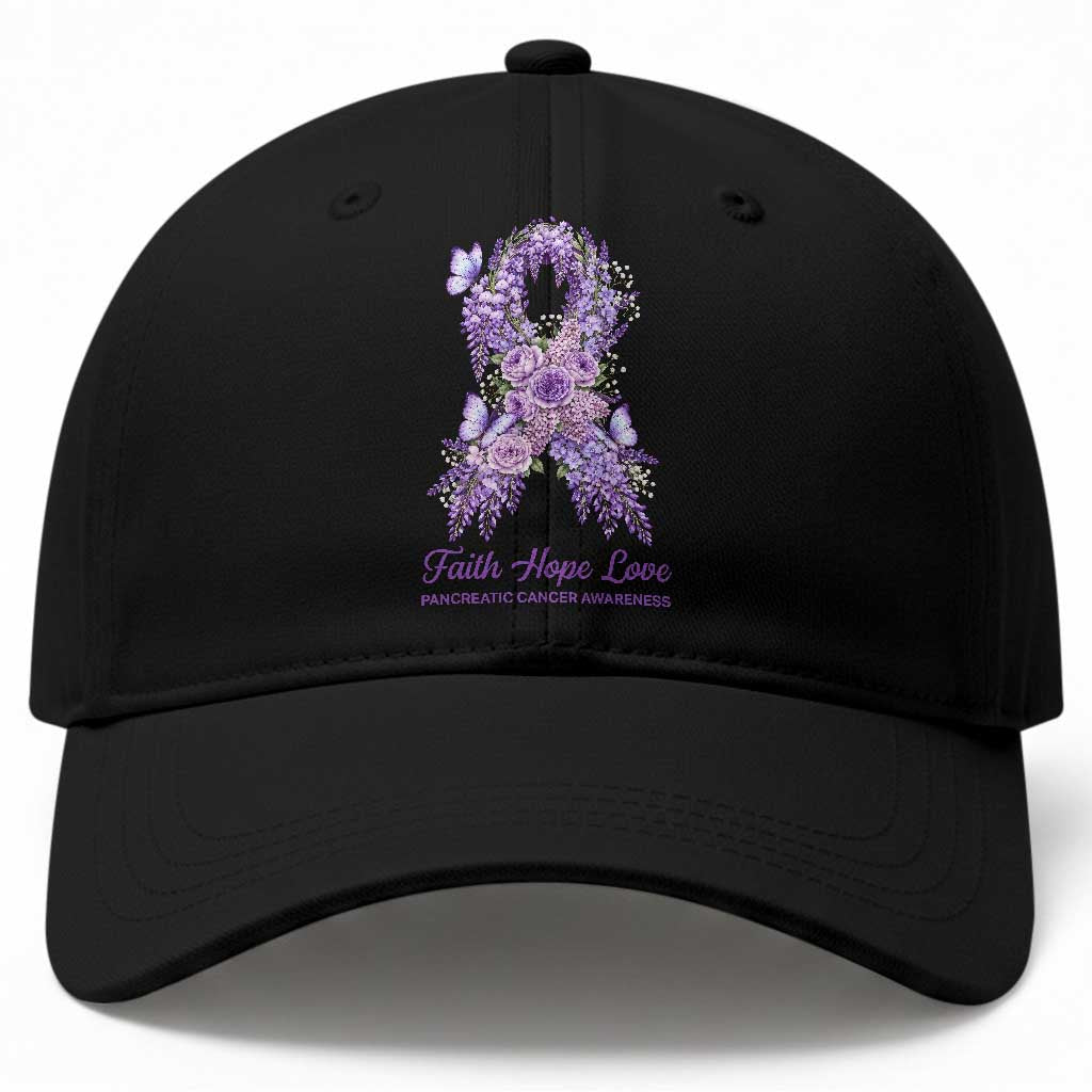 Pancreatic Cancer Faith Hope Love Baseball Cap Purple Floral Ribbon Christian Support