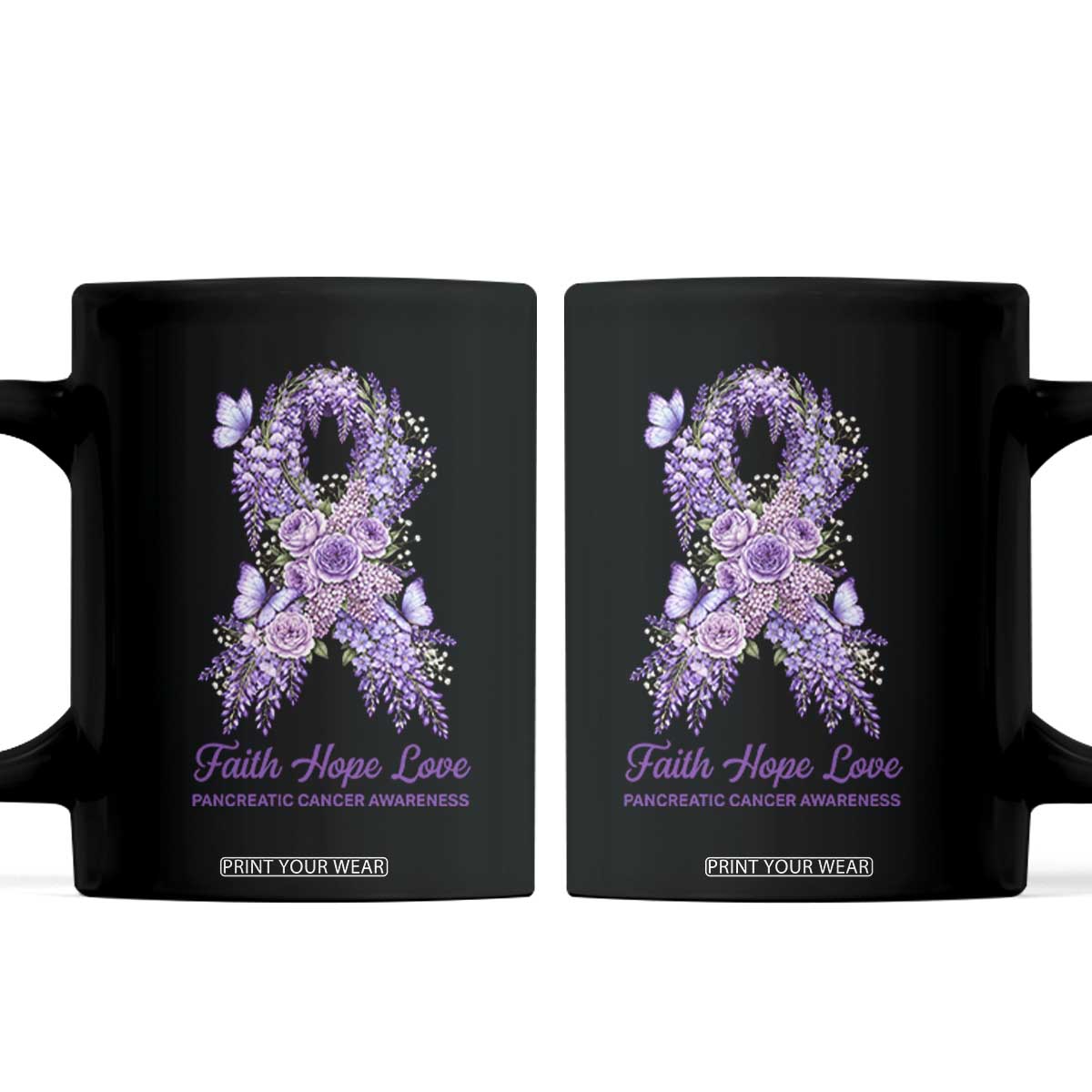 Pancreatic Cancer Faith Hope Love Coffee Mug Purple Floral Ribbon Christian Support
