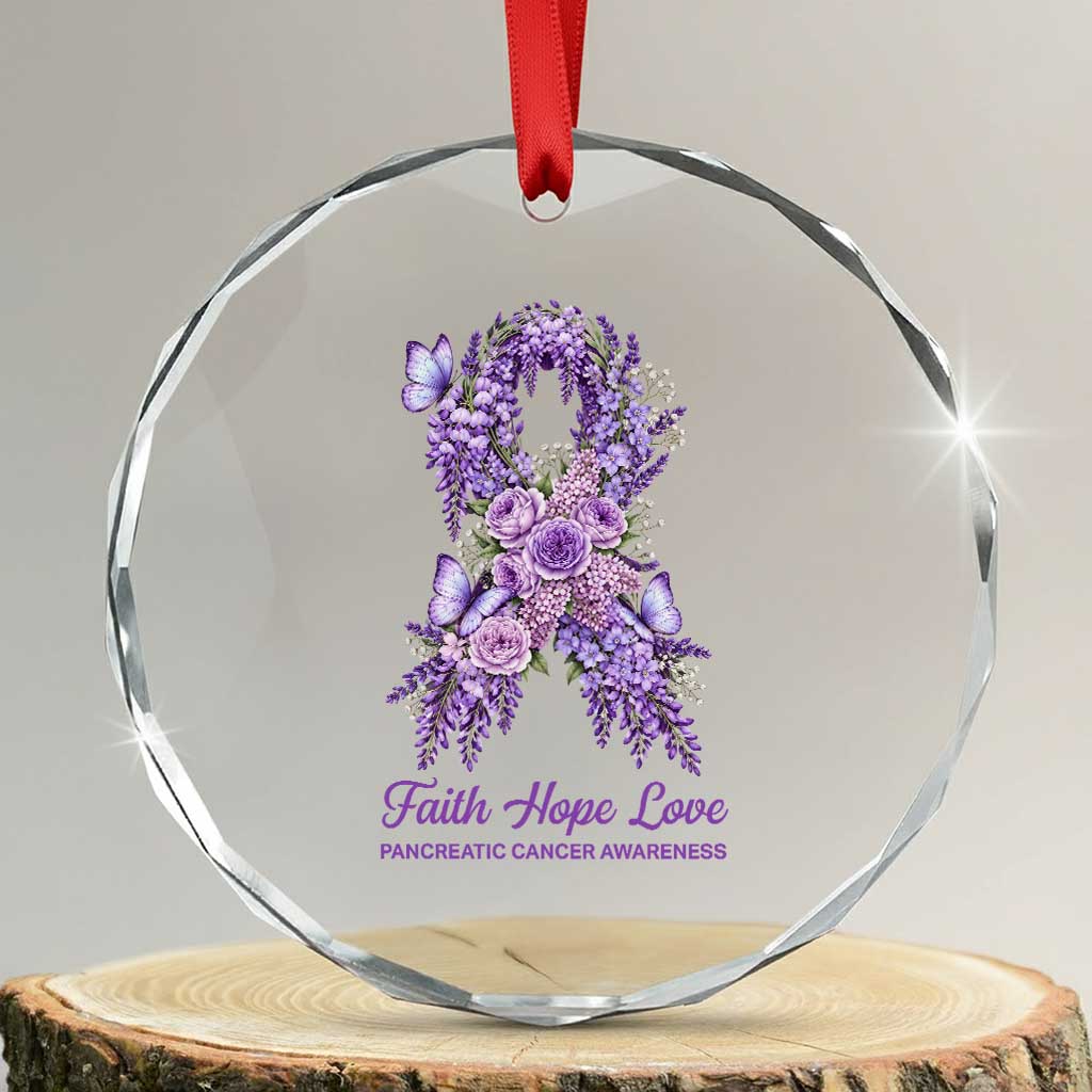 Pancreatic Cancer Faith Hope Love Crystal Glass Ornament Purple Floral Ribbon Christian Support