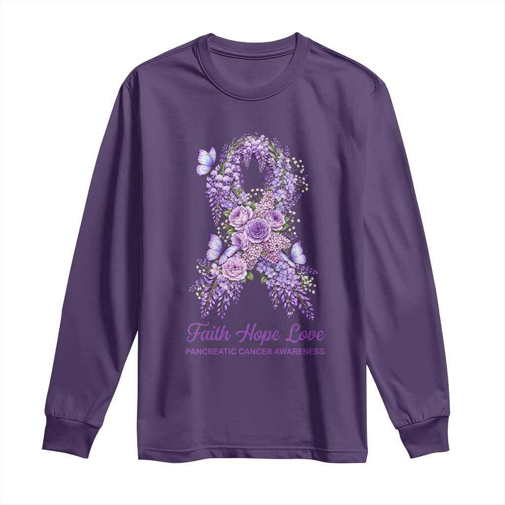 Pancreatic Cancer Faith Hope Love Long Sleeve Shirt Purple Floral Ribbon Christian Support