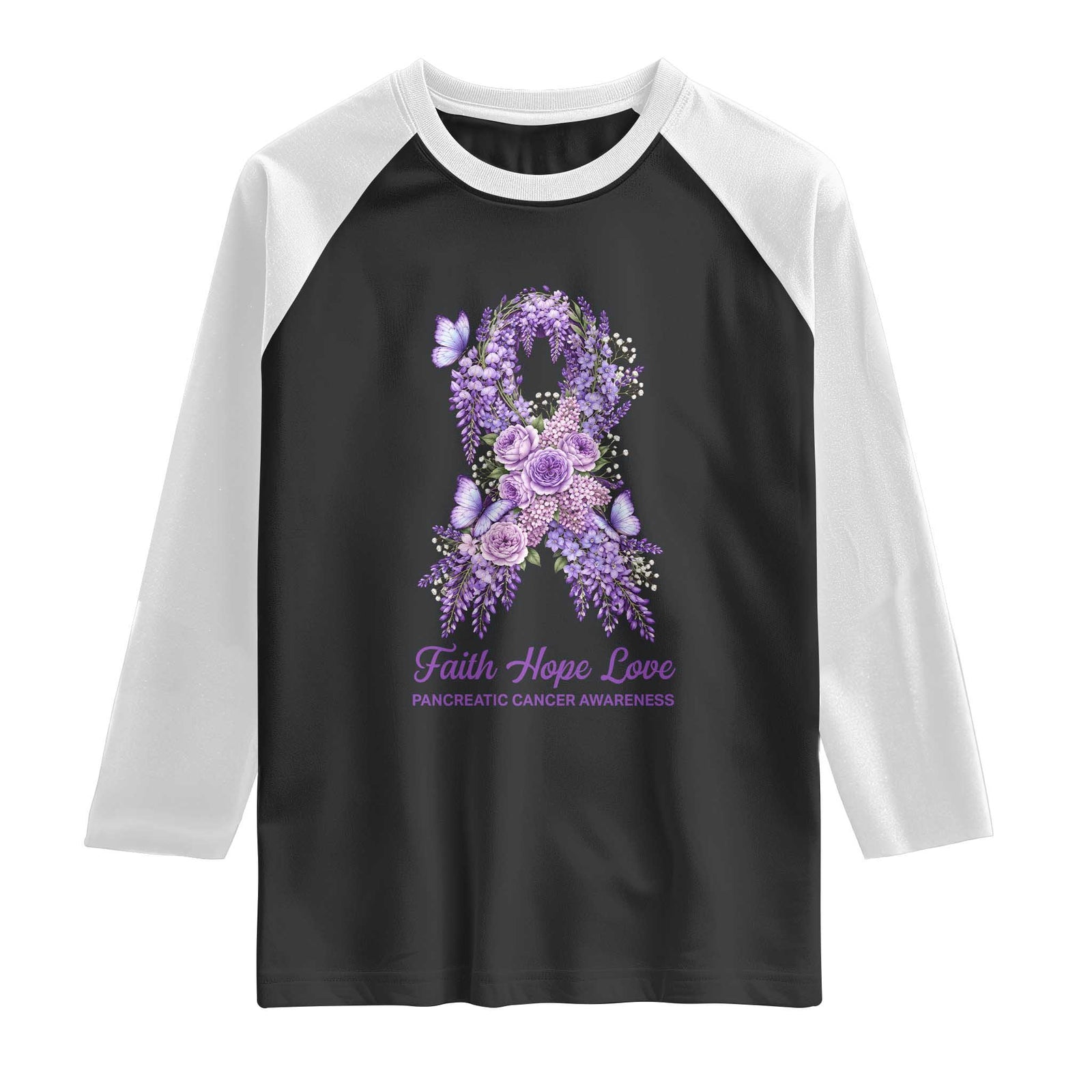 Pancreatic Cancer Faith Hope Love Raglan Shirt Purple Floral Ribbon Christian Support