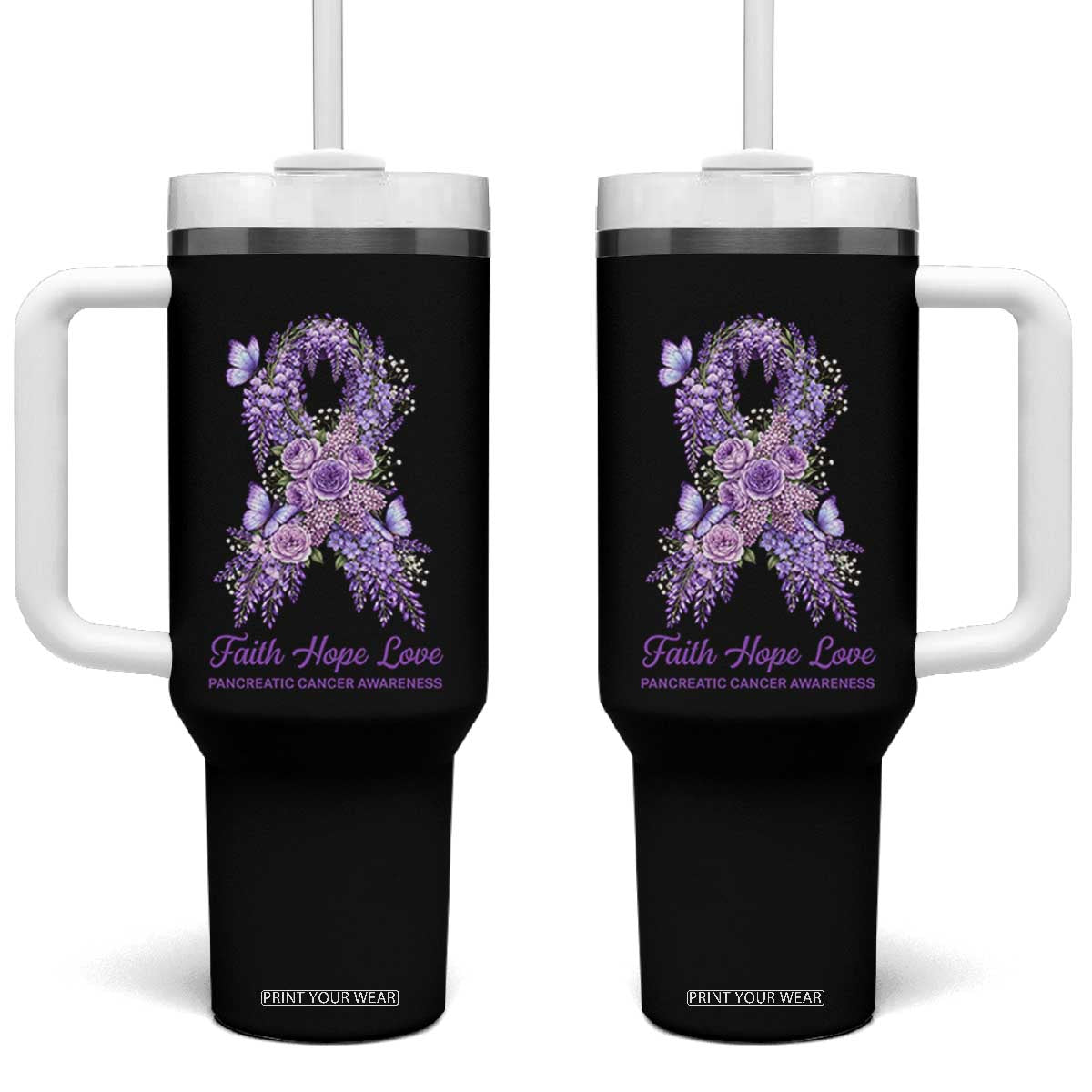 Pancreatic Cancer Faith Hope Love Tumbler With Handle Purple Floral Ribbon Christian Support