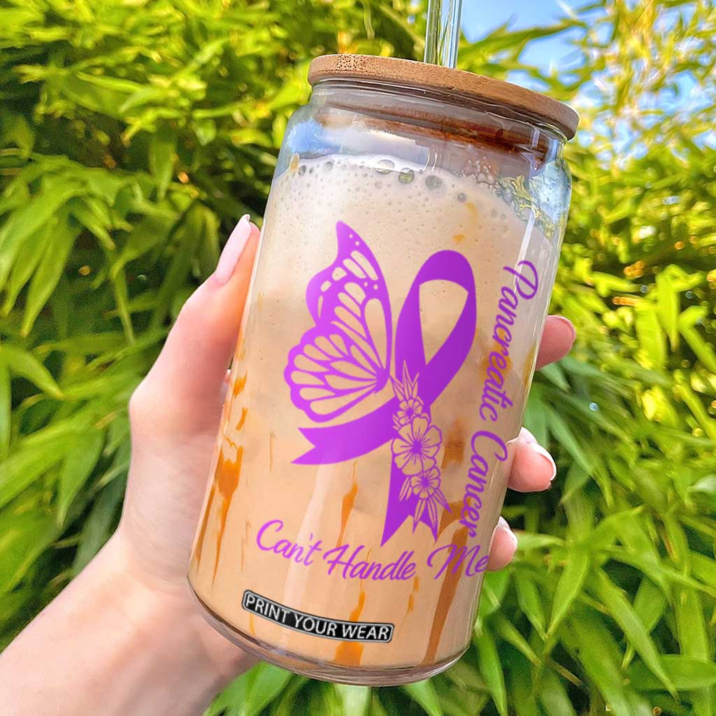 Pancreatic Cancer Cant Handle Me Glass Can Purple Ribbon Butterfly Graphic