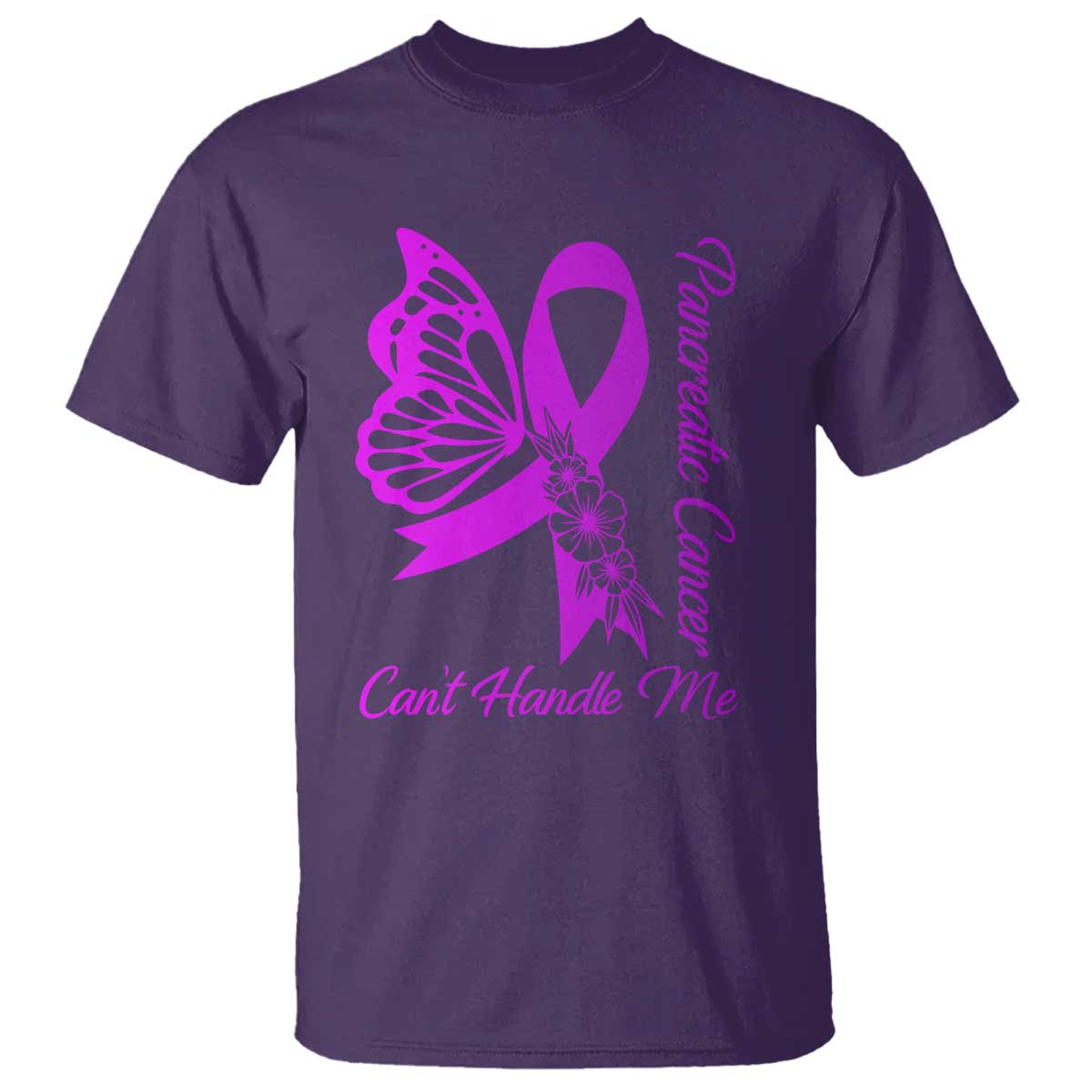 Pancreatic Cancer Cant Handle Me T Shirt Purple Ribbon Butterfly Graphic