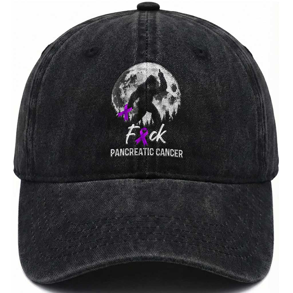 Bigfoot Fck Pancreatic Cancer Purple Ribbon Support Fighter Washed Cotton Baseball Cap