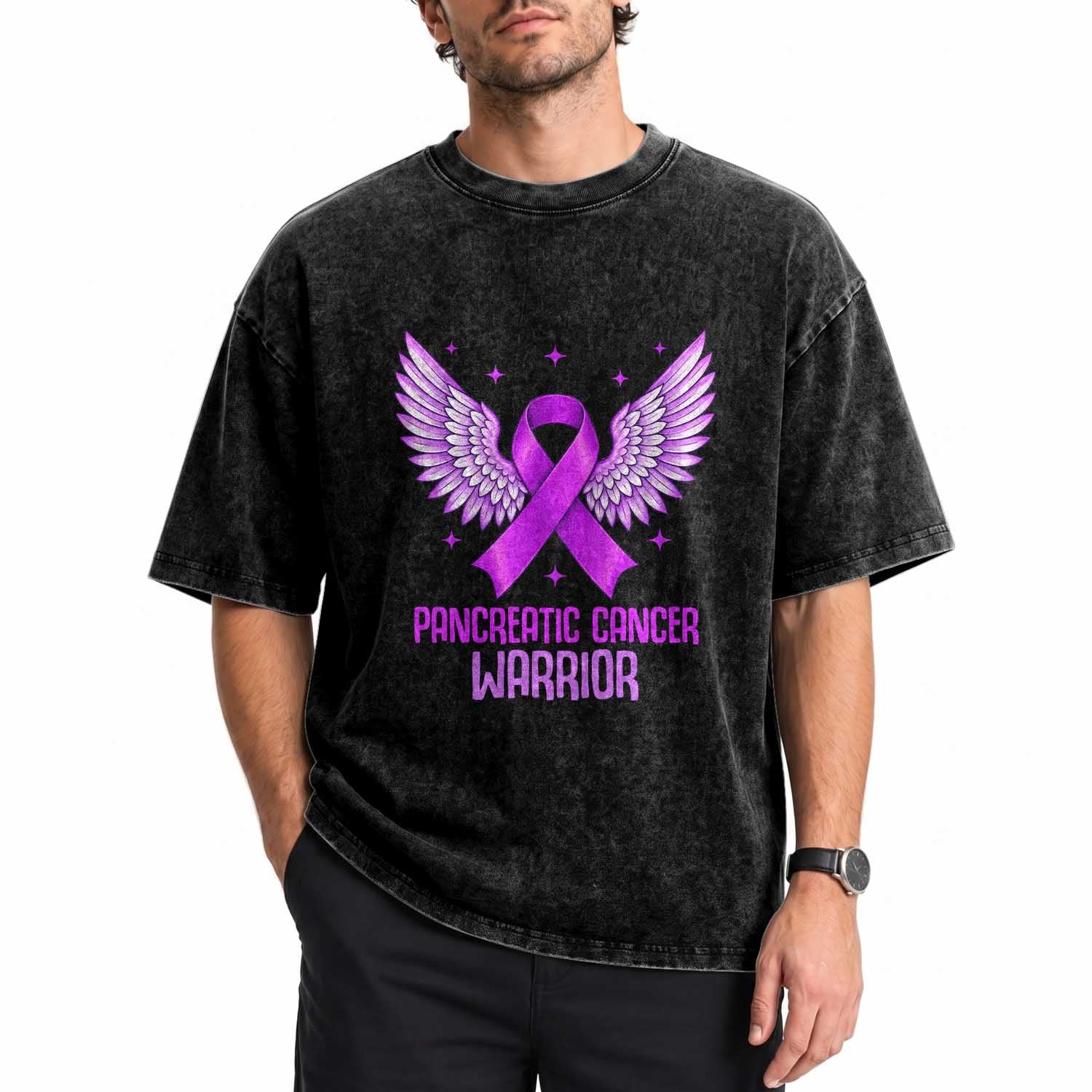 Pancreatic Cancer Warrior Washed Cotton T-Shirt Purple Ribbon Angel Wings Support