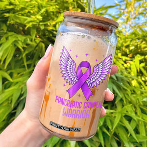 Pancreatic Cancer Warrior Glass Can Purple Ribbon Angel Wings Support