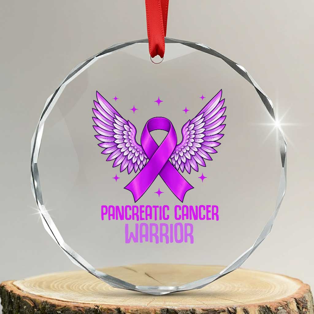 Pancreatic Cancer Warrior Crystal Glass Ornament Purple Ribbon Angel Wings Support