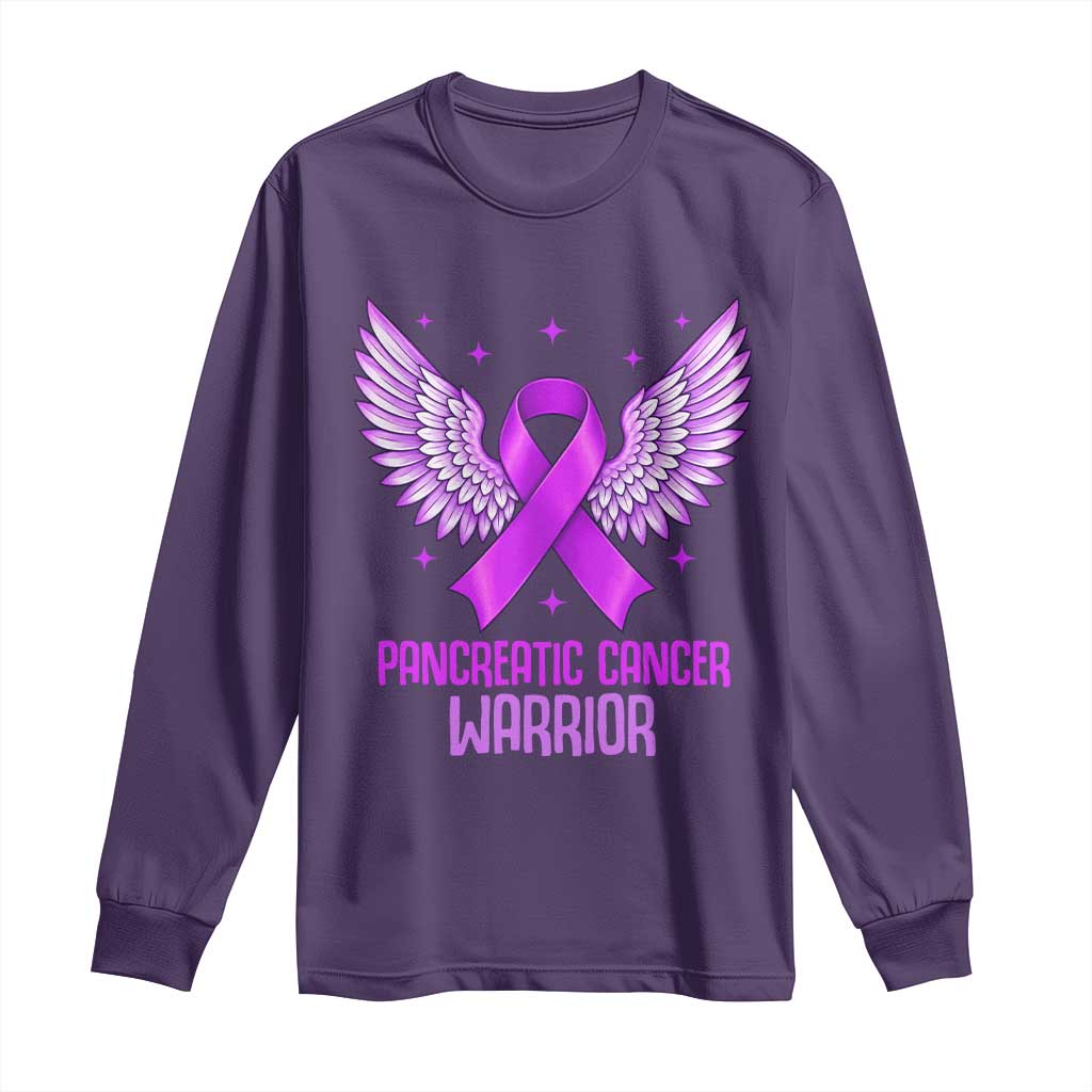 Pancreatic Cancer Warrior Long Sleeve Shirt Purple Ribbon Angel Wings Support