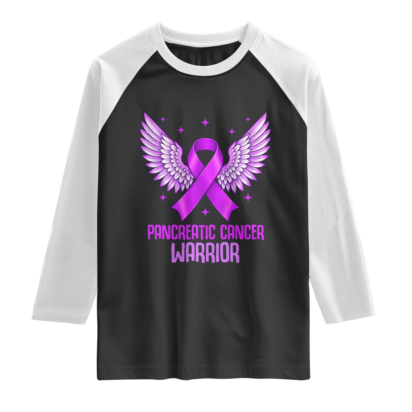 Pancreatic Cancer Warrior Raglan Shirt Purple Ribbon Angel Wings Support