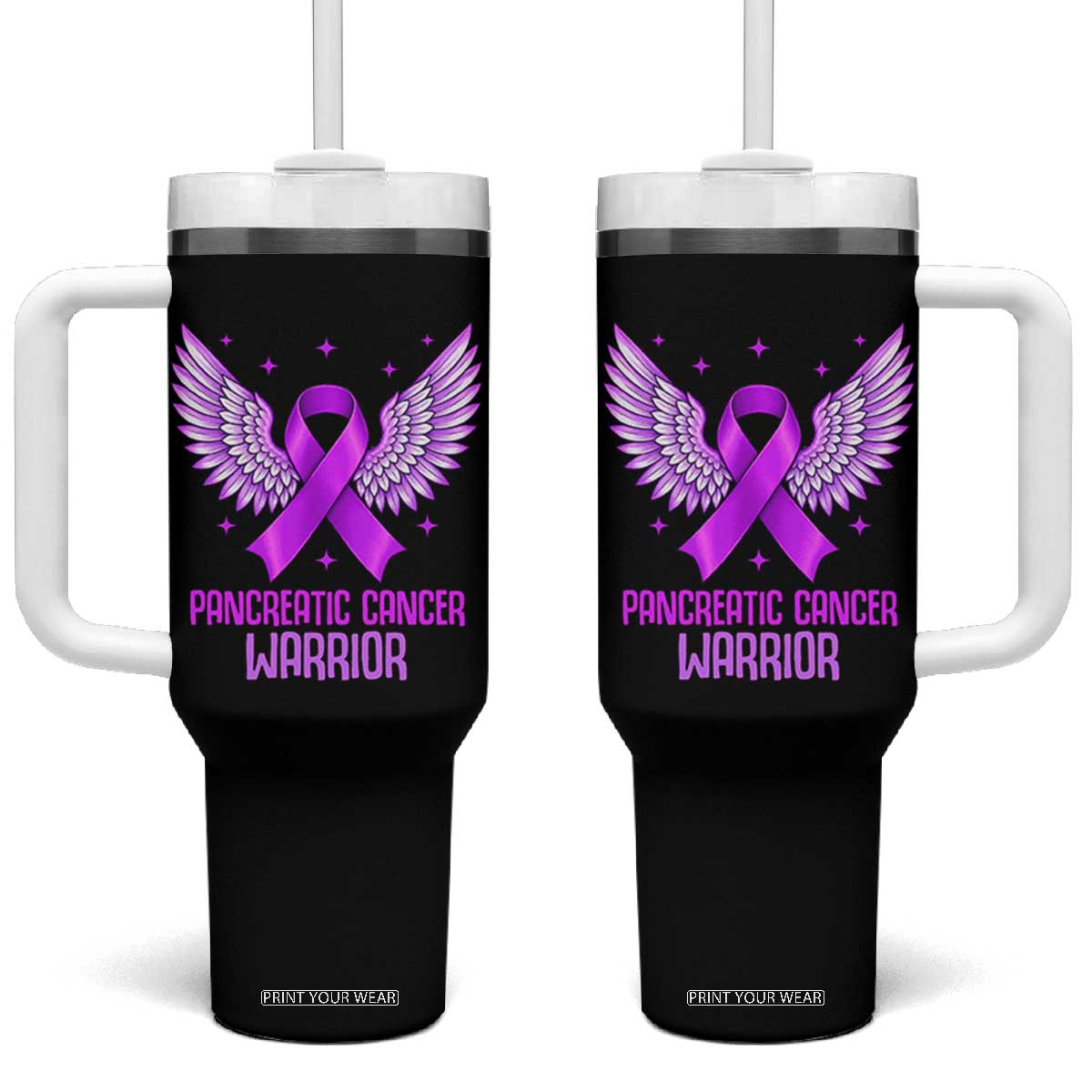 Pancreatic Cancer Warrior Tumbler With Handle Purple Ribbon Angel Wings Support