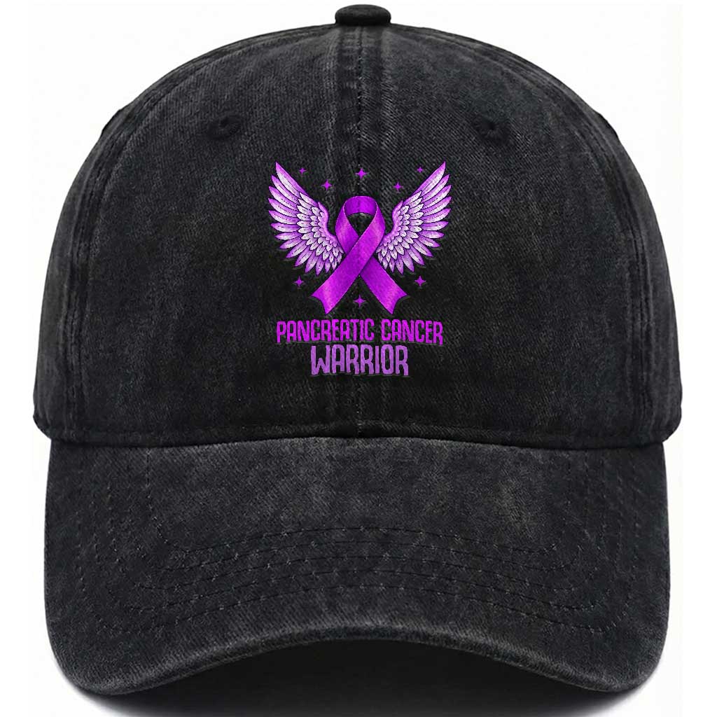 Pancreatic Cancer Warrior Washed Cotton Baseball Cap Purple Ribbon Angel Wings Support