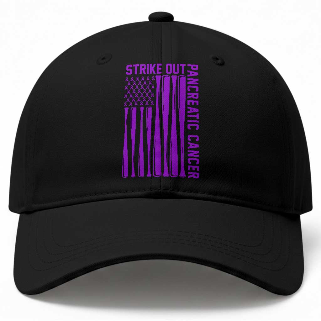Strike Out Pancreatic Cancer Baseball Baseball Cap Purple Ribbon American Flag Support Gift