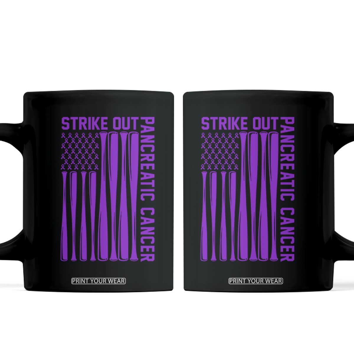 Strike Out Pancreatic Cancer Baseball Coffee Mug Purple Ribbon American Flag Support Gift