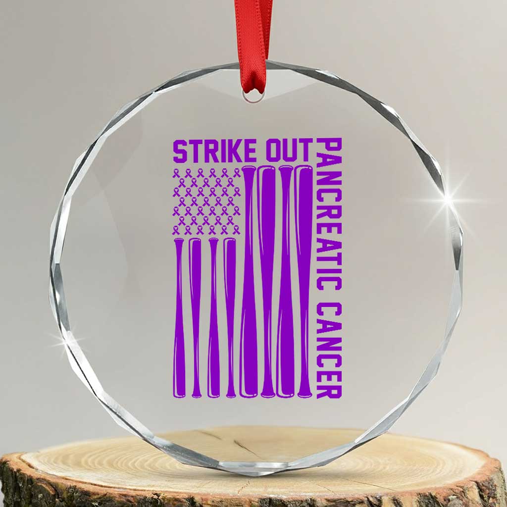 Strike Out Pancreatic Cancer Baseball Crystal Glass Ornament Purple Ribbon American Flag Support Gift