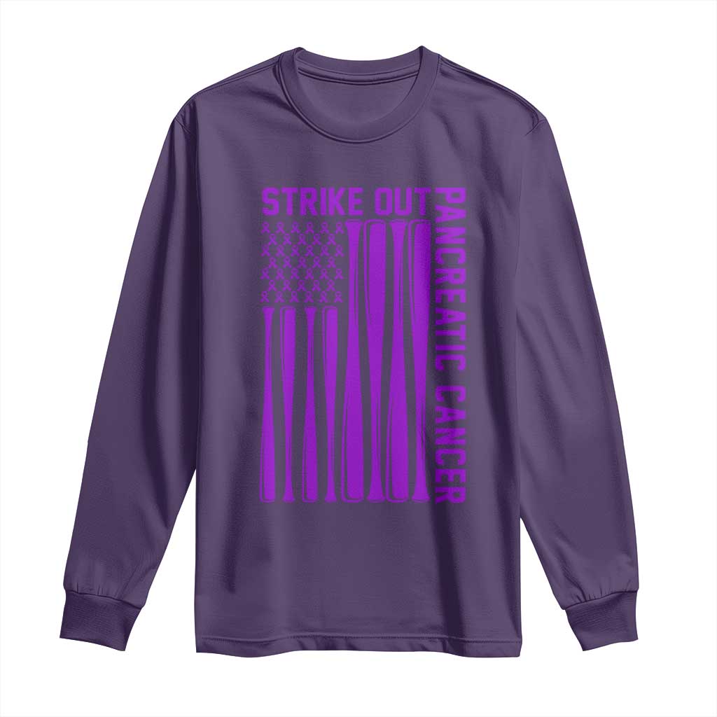 Strike Out Pancreatic Cancer Baseball Long Sleeve Shirt Purple Ribbon American Flag Support Gift