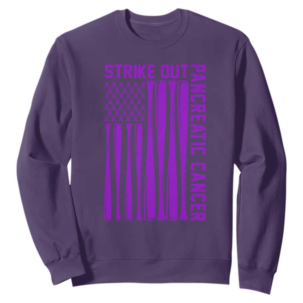 Strike Out Pancreatic Cancer Baseball Sweatshirt Purple Ribbon American Flag Support Gift