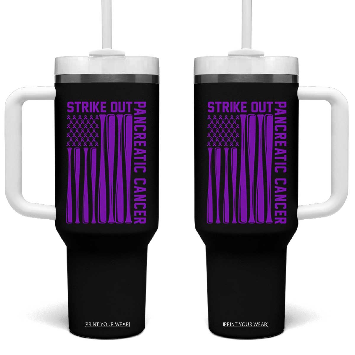 Strike Out Pancreatic Cancer Baseball Tumbler With Handle Purple Ribbon American Flag Support Gift
