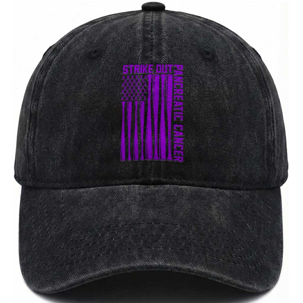 Strike Out Pancreatic Cancer Baseball Washed Cotton Baseball Cap Purple Ribbon American Flag Support Gift