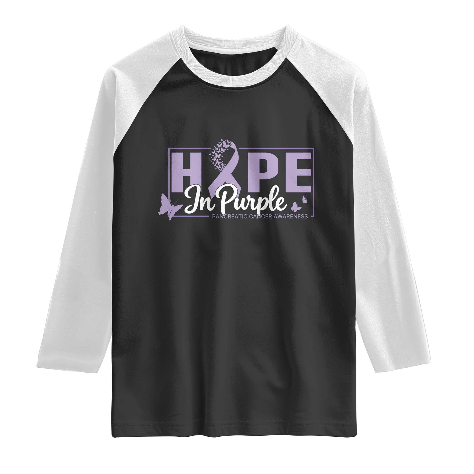 Pancreatic Cancer Warrior Raglan Shirt Hope In Purple Butterfly Ribbon Strength