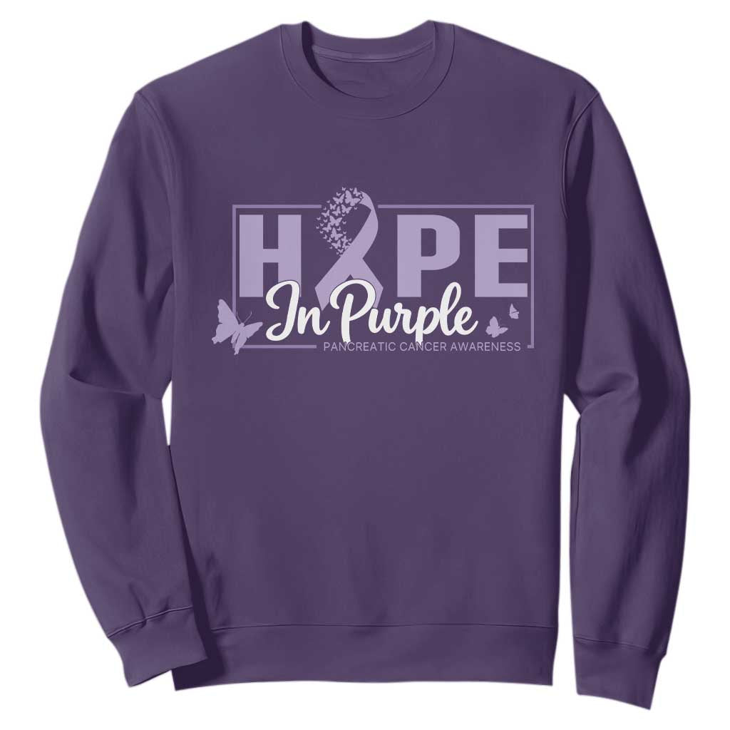 Pancreatic Cancer Warrior Sweatshirt Hope In Purple Butterfly Ribbon Strength