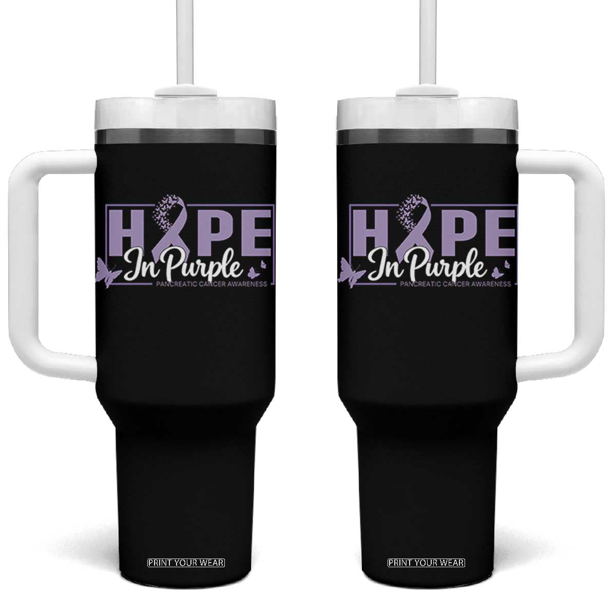 Pancreatic Cancer Warrior Tumbler With Handle Hope In Purple Butterfly Ribbon Strength