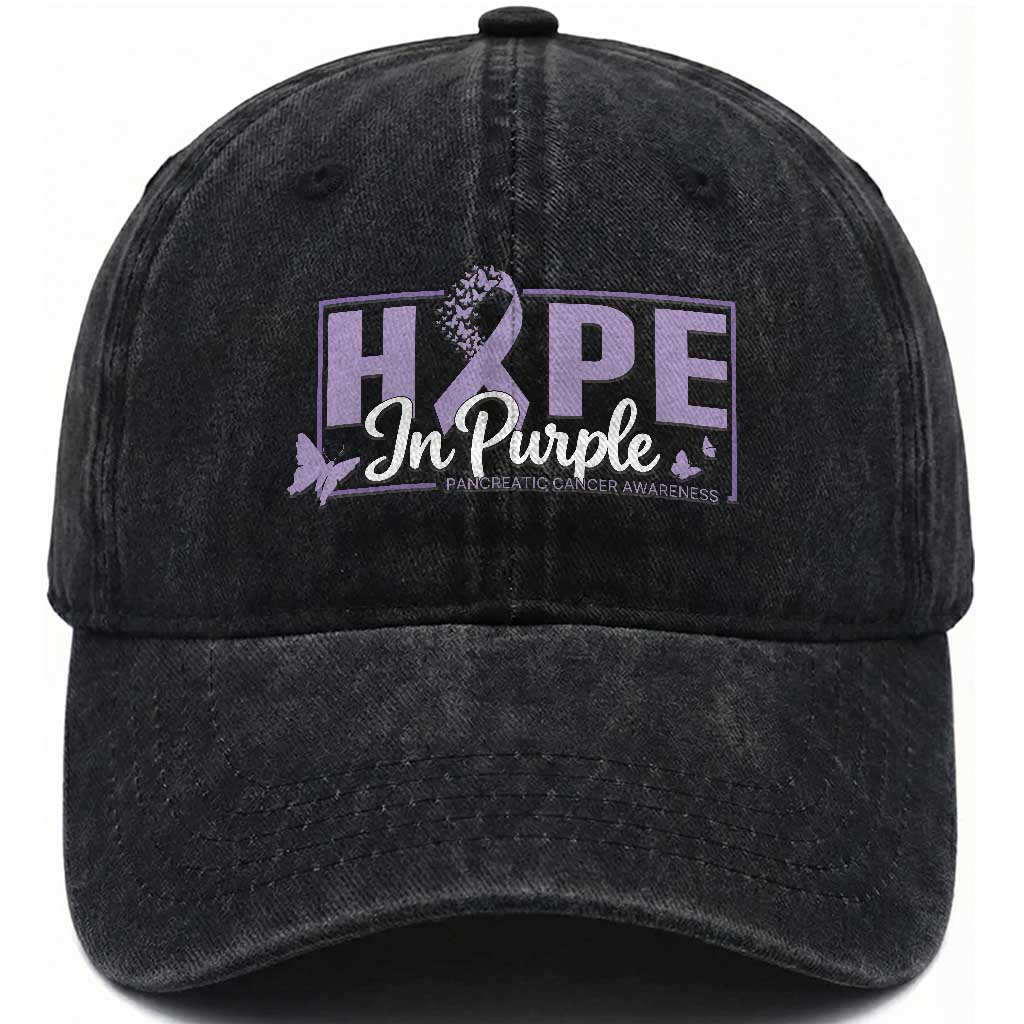 Pancreatic Cancer Warrior Washed Cotton Baseball Cap Hope In Purple Butterfly Ribbon Strength